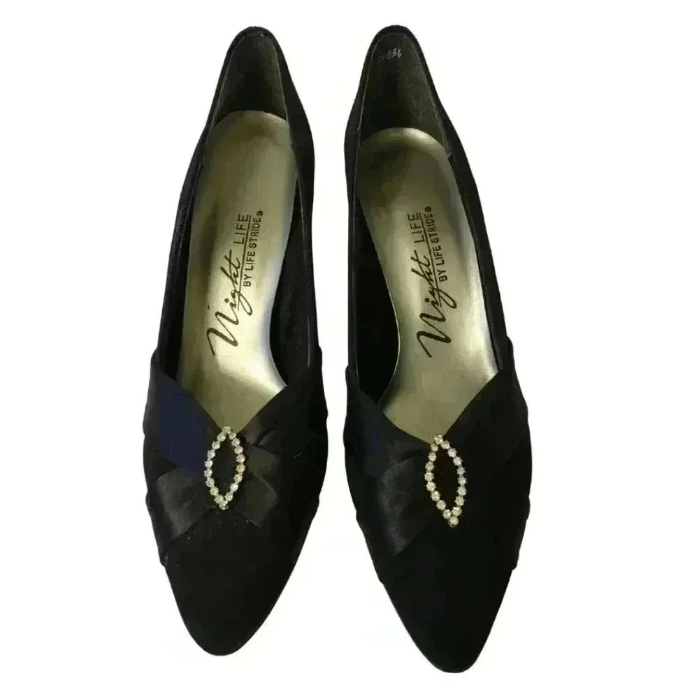 Night Life by Life Stride Women’s Black Dress Heels with Sparkle Jewel, Size 8.5